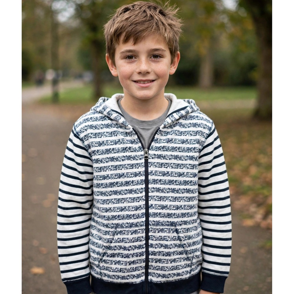 Joe Fresh Kids Full-Zip Hoodie Boys L Navy Black Striped Sweatshirt Pockets Fall